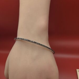 Silver and Black Spinel Hinged Bangle Bracelet